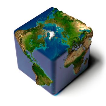 Earth as a cube with a shadow, with a translucent water, detailed relief map of the continents and oceans