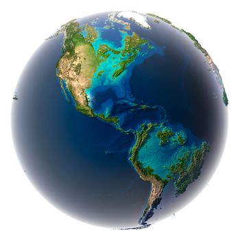 Glaciers melted, the amount of water in the oceans has increased and they have flooded the continents. Fantastic prediction of possible future. Earth on a white background