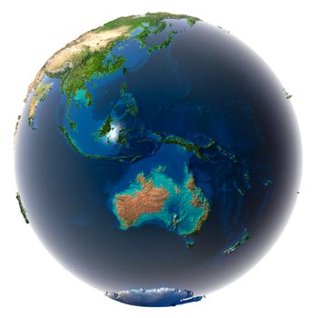 Glaciers melted, the amount of water in the oceans has increased and they have flooded the continents. Fantastic prediction of possible future. Earth on a white background