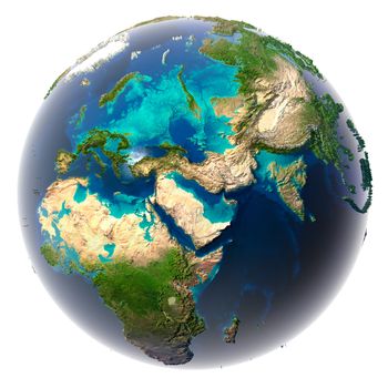 Glaciers melted, the amount of water in the oceans has increased and they have flooded the continents. Fantastic prediction of possible future. Earth on a white background