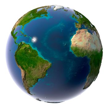 Earth with translucent water in the oceans and the detailed topography of the continents