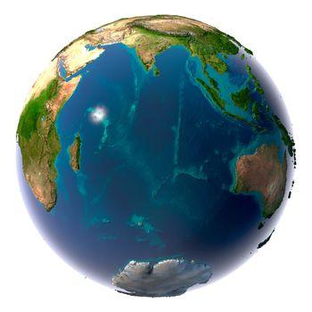 Earth with translucent water in the oceans and the detailed topography of the continents. Indian Ocean
