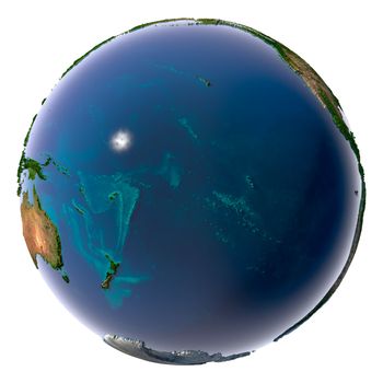 Earth with translucent water in the oceans and the detailed topography of the continents. Pacific Ocean