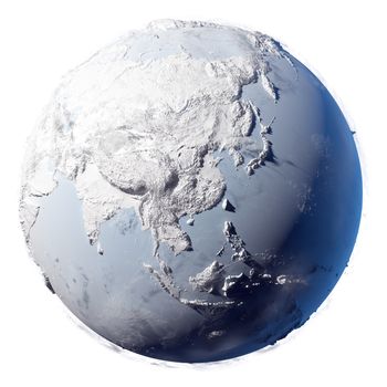 Winter planet Earth - covered in snow and ice planet with a real detailed terrain, soft shadows and volumetric clouds on a white background