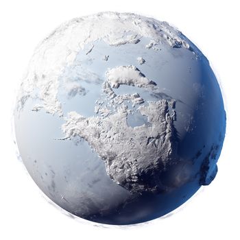 Winter planet Earth - covered in snow and ice planet with a real detailed terrain, soft shadows and volumetric clouds on a white background