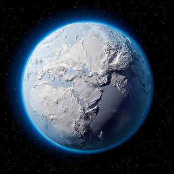 Winter planet Earth - covered in snow and ice planet with a real detailed terrain, soft shadows and volumetric clouds in space against a starry sky