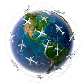 The metaphor of international air travel around the world, travel to anywhere on the planet Earth and the workload of air traffic