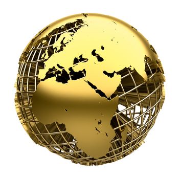 Stylized golden globe of the Earth with a grid of meridians and parallels