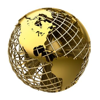 Stylized golden globe of the Earth with a grid of meridians and parallels