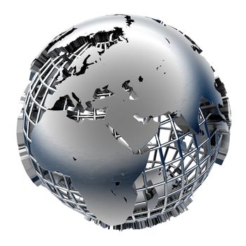 Metal Globe relief mainland on chrome grid of meridians and parallels