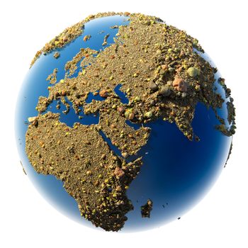 Sandy planet earth - sand, gravel and pebbles scattered on the exact shape and topography of the continents and rendered in 3D program to the last grain of sand with the effect of global illumination