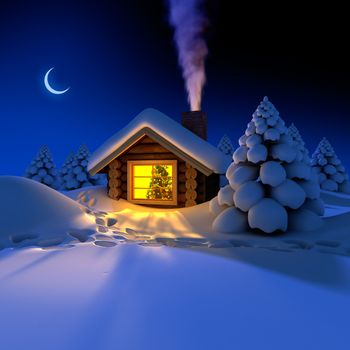 A small cottage in the fairy forest in snowy New Year's Eve. Around the hut on the snow trails