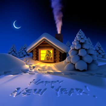 A small cottage in the fairy forest in snowy New Year's Eve. Around the hut on the snow trails and an inscription - a Happy New Year!