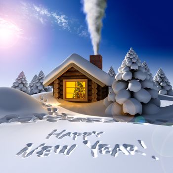 A small cottage in the fairy forest in snowy New Year's Eve. Around the hut on the snow trails and an inscription - a Happy New Year!