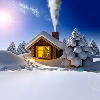 A small cottage in the fairy forest in snowy New Year's Eve. Around the hut on the snow trails