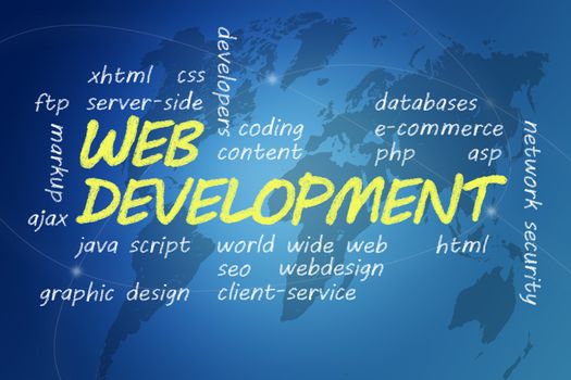 with chalk handwritten Web Development concept Illustration on blue world map background