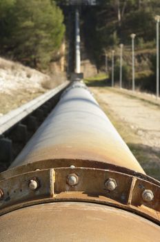 Steel water pipeline in Vigia dam supplying drinking water to the county of Redondo, Alentejo, Portugal