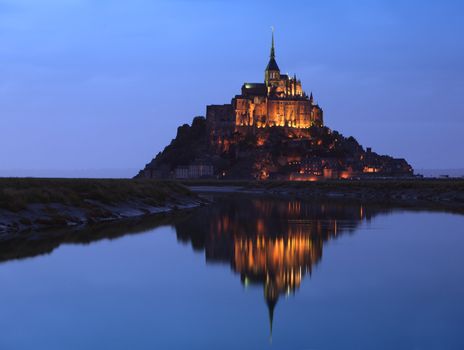 Night image of the Monastry from Mountain Saint Michel in northern France.