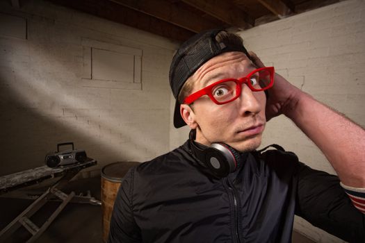 Startled man with red eyeglasses and headphones