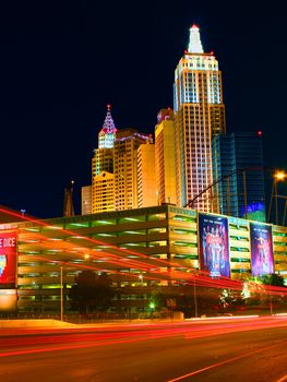 Las Vegas, USA - May 23, 2012: The New York New York Hotel and Casino in Las Vegas and Tropicana Avenue.  The architecture of the resort and casino is made to look like the skyline of New York.