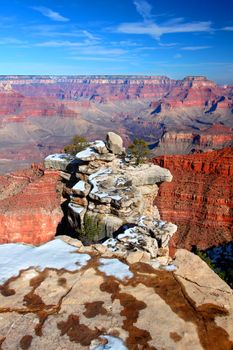 Snow covers the rim of the Grand Canyon in Arizona, USA.