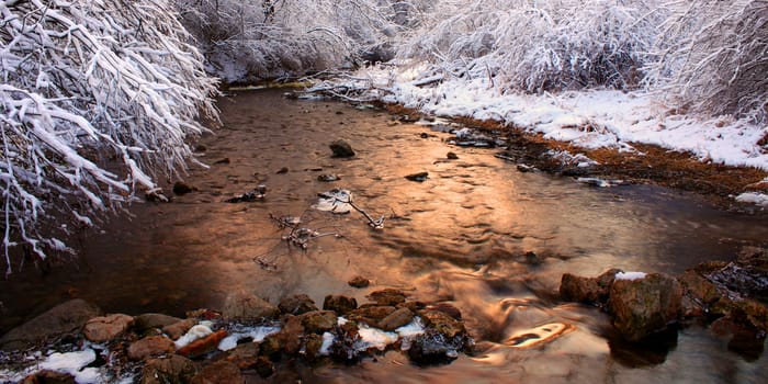 Willow Creek flows through Rock Cut State Park of Illinois on a snowy winter day.