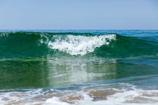 Foam coastal wave rolled on the sandy shore