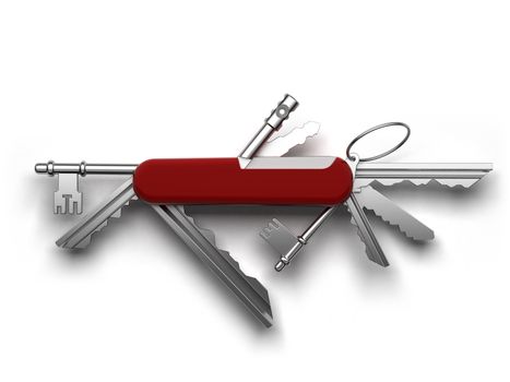 Creative metaphor of universal keys from the estate in a single tool based on the Swiss army pocket knife