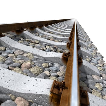 Straight-line railway tracks on the gravel with realistic rusty rails and mounts on a white background