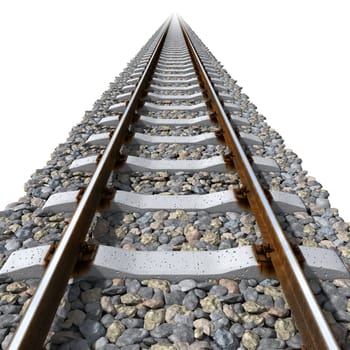 Straight-line railway tracks on the gravel with realistic rusty rails and mounts on a white background