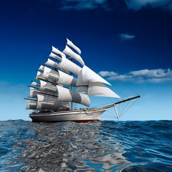 Sailing ship in the vast ocean with small waves is getting all the sails filled with sea breeze