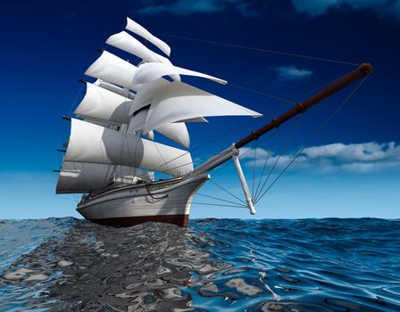 Sailing ship in the vast ocean with small waves is getting all the sails filled with sea breeze