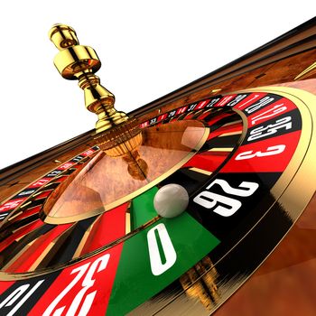 Roulette at the casino, as if photographed by a wide-angle, close-up on the ball, just about ready to fall to zero