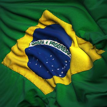 Flag of Brazil, fluttering in the breeze, backlit rising sun. Sewn from pieces of cloth, a very realistic detailed state flag with the texture of fabric fluttering in the breeze, backlit by the rising sun light