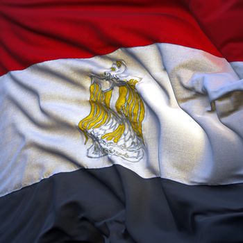 Flag of Egypt, fluttering in the breeze, backlit rising sun. Sewn from pieces of cloth, a very realistic detailed state flag with the texture of fabric fluttering in the breeze, backlit by the rising sun light