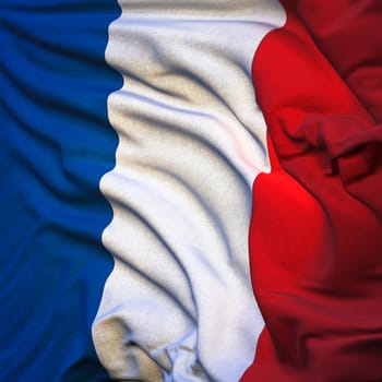 Flag of France, fluttering in the breeze, backlit rising sun. Sewn from pieces of cloth, a very realistic detailed state flag with the texture of fabric fluttering in the breeze, backlit by the rising sun light