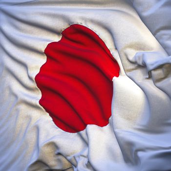 Japanese flag, fluttering in the breeze, backlit rising sun. Sewn from pieces of cloth, a very realistic detailed state flag with the texture of fabric fluttering in the breeze, backlit by the rising sun light