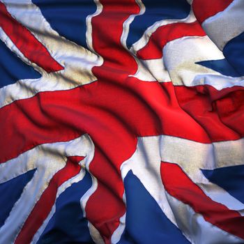 Flag of the United Kingdom, fluttering in the breeze, backlit rising sun. Sewn from pieces of cloth, a very realistic detailed state flag with the texture of fabric fluttering in the breeze, backlit by the rising sun light
