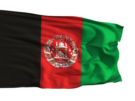 The flag of Afghanistan, flying in the wind. Sewn from pieces of cloth, a very realistic detailed flags waving in the wind, with the texture of the material, isolated on a white background