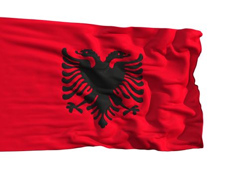 Flag of Albania, fluttering in the wind. Sewn from pieces of cloth, a very realistic detailed flags waving in the wind, with the texture of the material, isolated on a white background