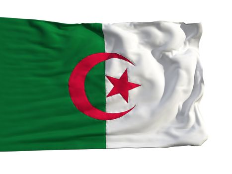 Flag of Algeria, fluttering in the wind. Sewn from pieces of cloth, a very realistic detailed flags waving in the wind, with the texture of the material, isolated on a white background