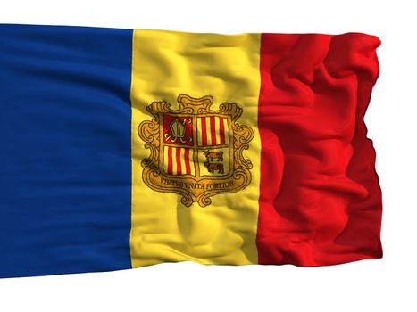 Flag of Andorra, fluttering in the wind. Sewn from pieces of cloth, a very realistic detailed flags waving in the wind, with the texture of the material, isolated on a white background