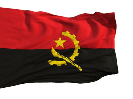Flag of Angola, fluttering in the wind. Sewn from pieces of cloth, a very realistic detailed flags waving in the wind, with the texture of the material, isolated on a white background