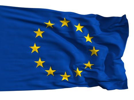 The European Union flag, fluttered in the wind. Sewn from pieces of cloth, a very realistic detailed flags waving in the wind, with the texture of the material, isolated on a white background