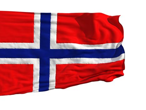 Norwegian flag, fluttering in the wind. Sewn from pieces of cloth, a very realistic detailed flags waving in the wind, with the texture of the material, isolated on a white background