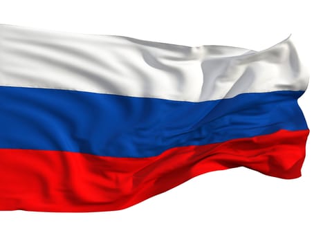 Russian flag, fluttering in the wind. Sewn from pieces of cloth, a very realistic detailed flags waving in the wind, with the texture of the material, isolated on a white background