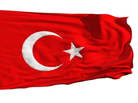 Turkish flag, fluttering in the wind. Sewn from pieces of cloth, a very realistic detailed flags waving in the wind, with the texture of the material, isolated on a white background