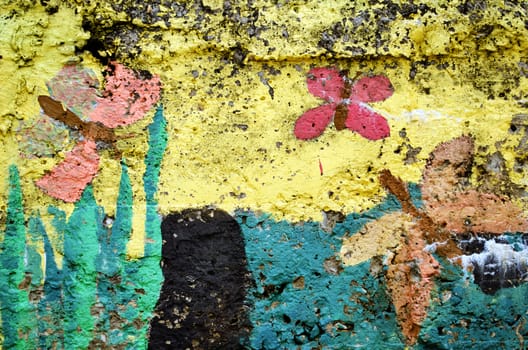 Concrete wall colorful paint with butterflies. Art background.