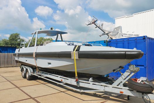 New boat on a trailer in a Dutch shipyard. Netherlands