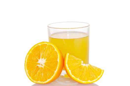 Fresh orange juice with orange slices isolated on white background